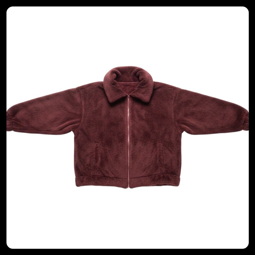 Old Navy Fleece Jacket Women Small Burgundy Teddy Full Zip Mock Neck Outerwear